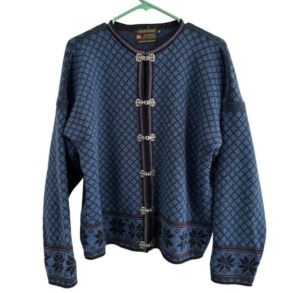 Vintage Norskwear Unisex Wool Fair Isle Nordic Snowflake Cardigan Sweater Sz L - Picture 1 of 5